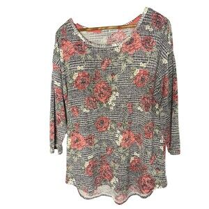 ABSOLUTELY FAMOUS Tunic Top Plaid Red Floral Stretch 3/4 Sleeve Blouse Womens XL